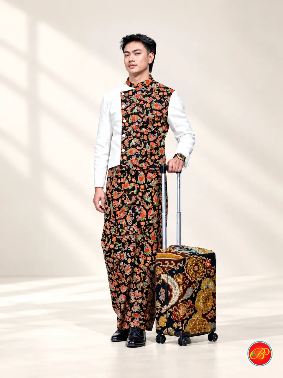 Dark-ground floral printed cotton styled as a coordinated outfit beside a printed travel case