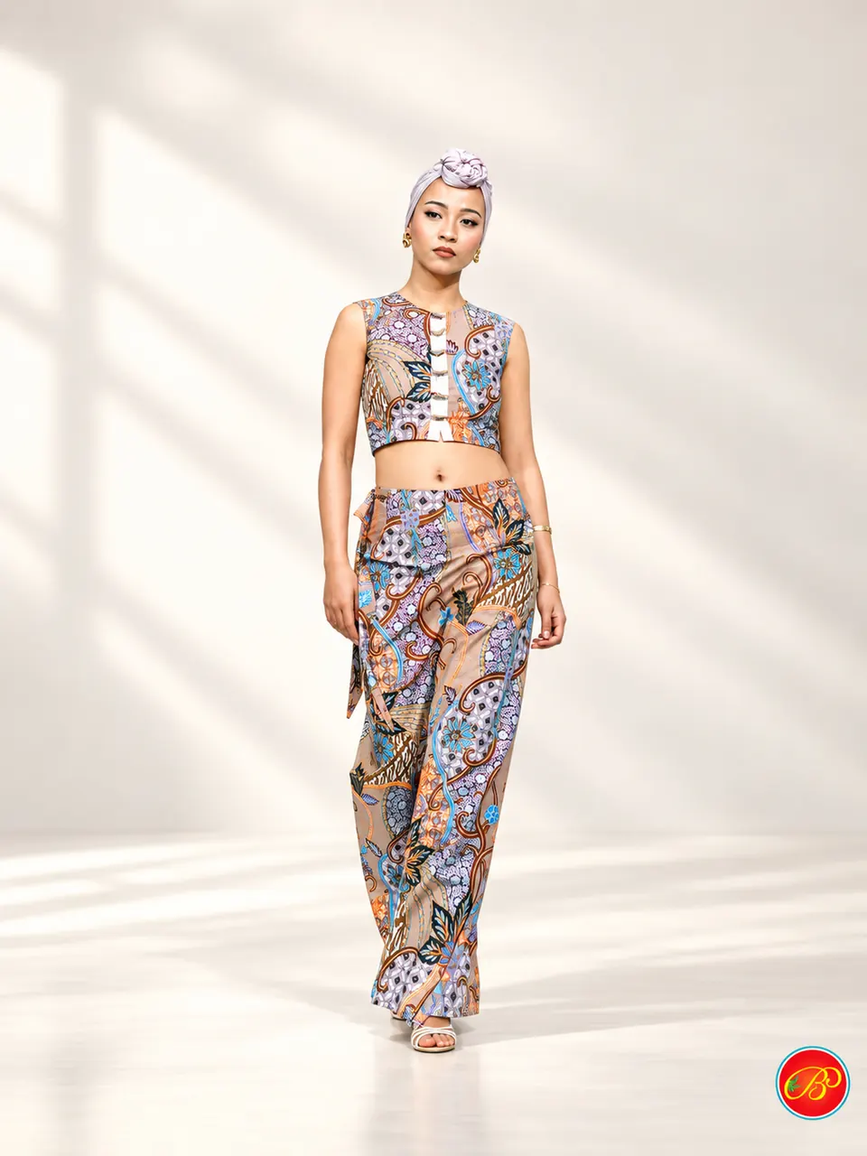 Neutral ornamental print styled as a coordinated two-piece