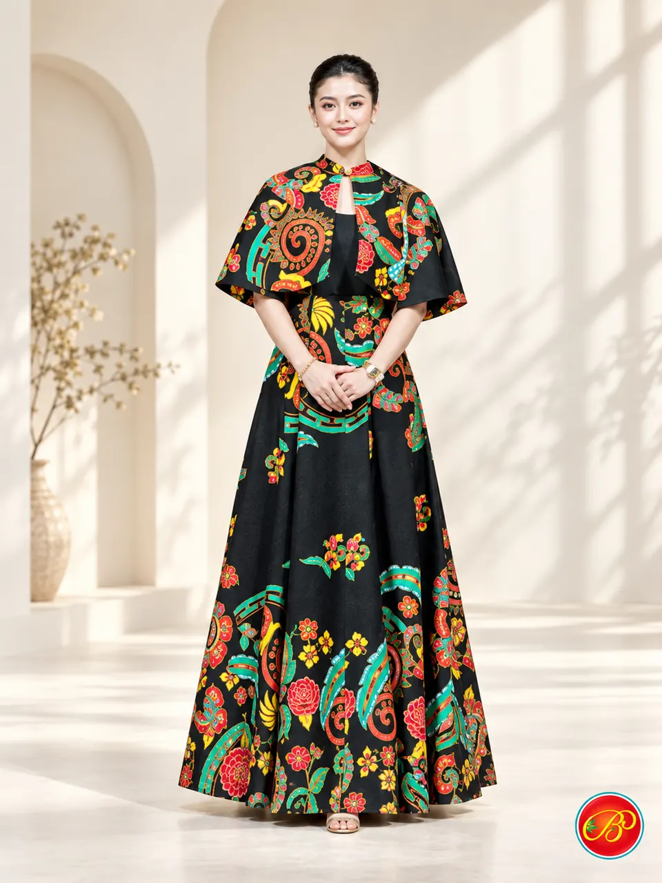 Graphic colour and floral motifs on a deep black ground.